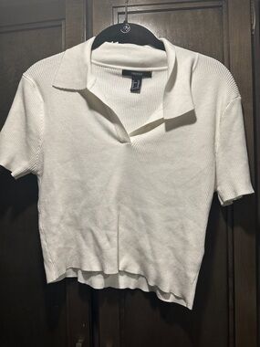 Forever 21 Cream Ribbed Polo Crop Top